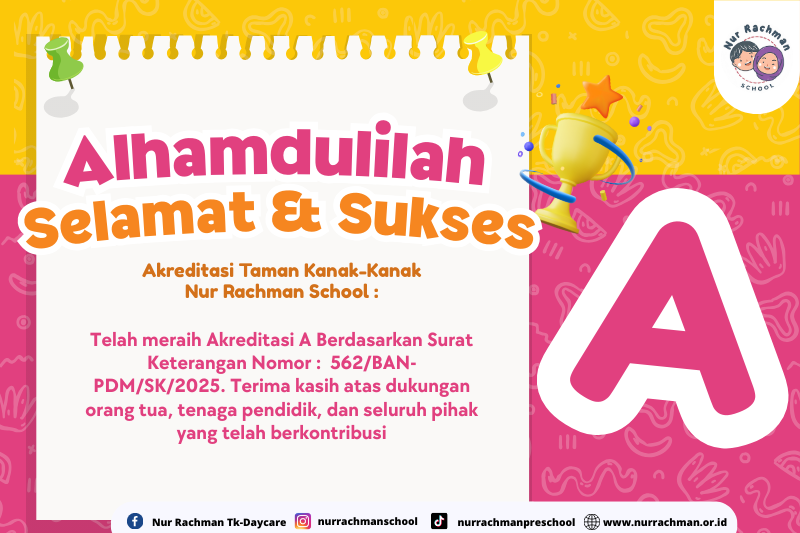 Selamat! Taman Kanak-Kanak Nur Rachman School Terakreditasi A oleh BAN-PDM 2025